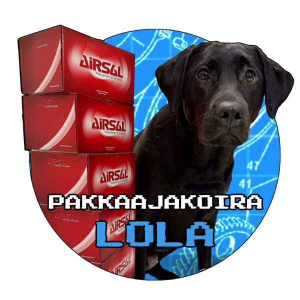 Pakkaajakoira Lola ja sylinterit tarra, 7cm x 7cm