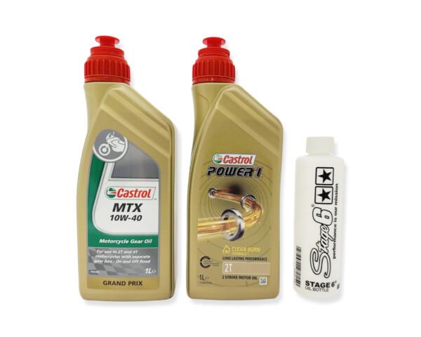 Castrol Power 1 2T-öljy 1L + Castrol MTX vaihteistoöljy 10W-40, 1L + ILMAINEN Stage6 mittapullo
